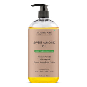 Majestic Pure bottle front showing clean label and natural almond oil benefits