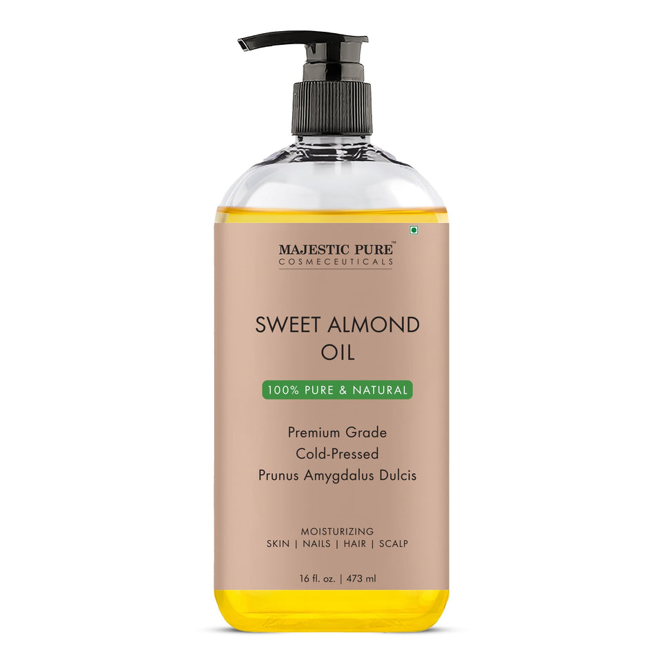 Majestic Pure bottle front showing clean label and natural almond oil benefits