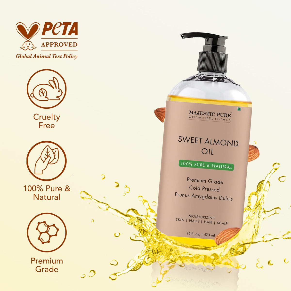 Majestic Pure oil pouring drop highlights smooth texture and easy application