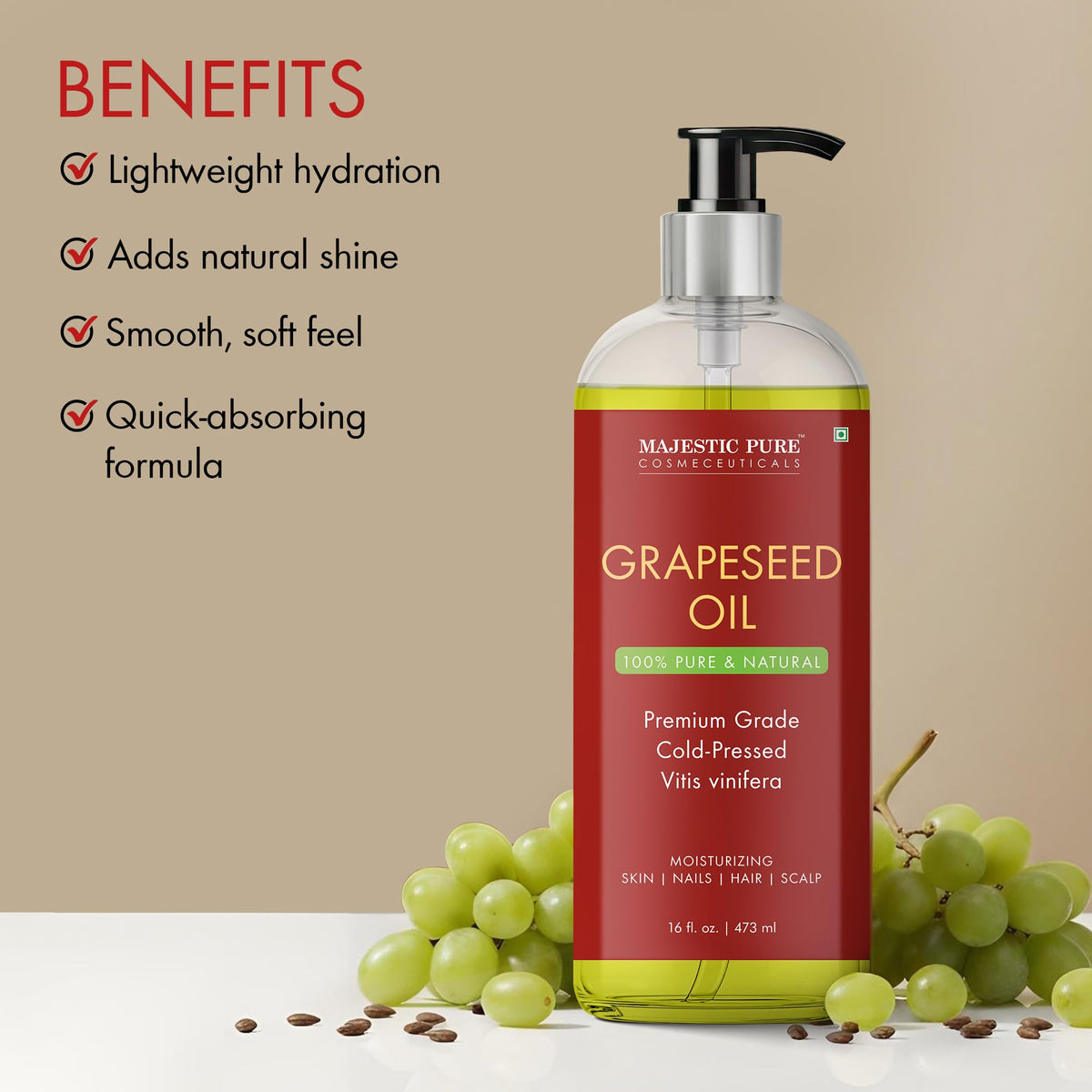 Close-up of Majestic Pure label, confirming cold-pressed and hexane-free quality