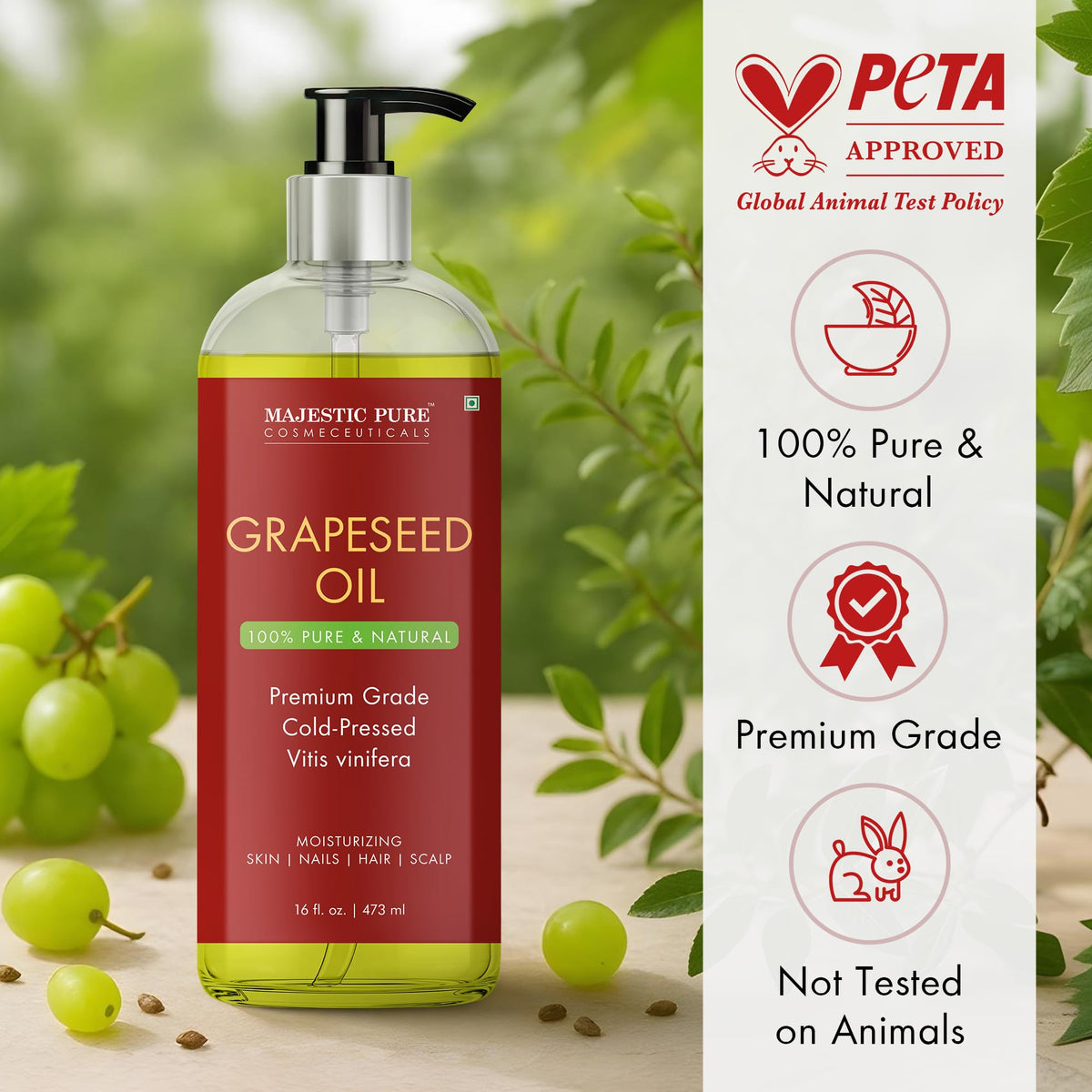 Majestic Pure grapeseed oil texture on hand, showing lightweight absorption benefit