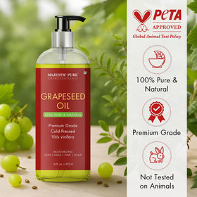 Majestic Pure grapeseed oil texture on hand, showing lightweight absorption benefit