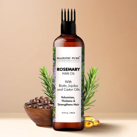 Majestic Pure label detail highlighting ingredients like biotin and jojoba