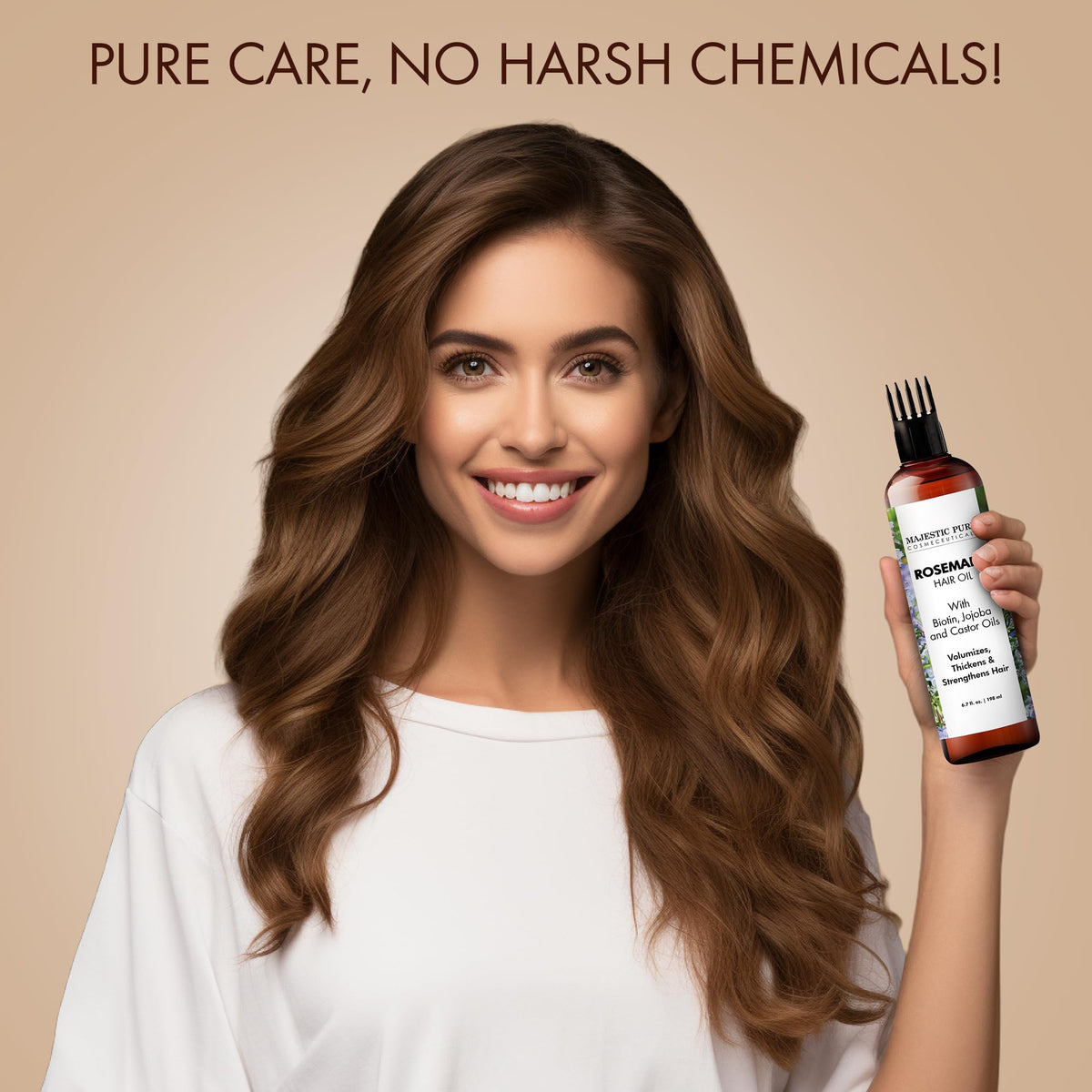 Majestic Pure bottle displayed with jojoba and castor oils for ingredient clarity