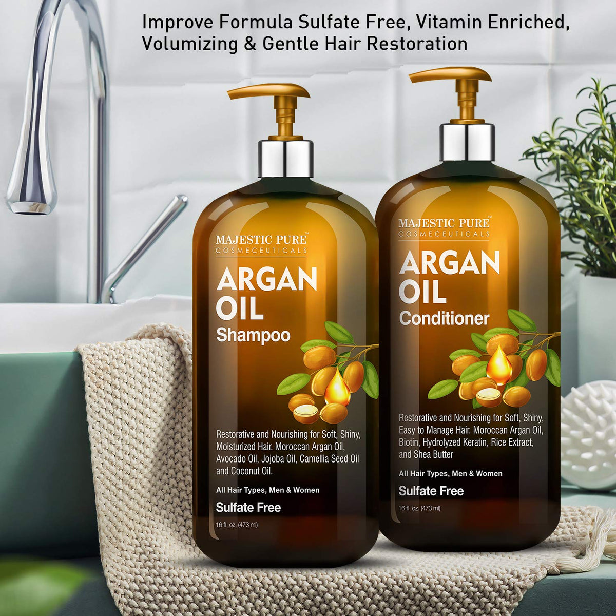 Majestic Pure shampoo label close-up highlighting argan oil ingredients and clarity