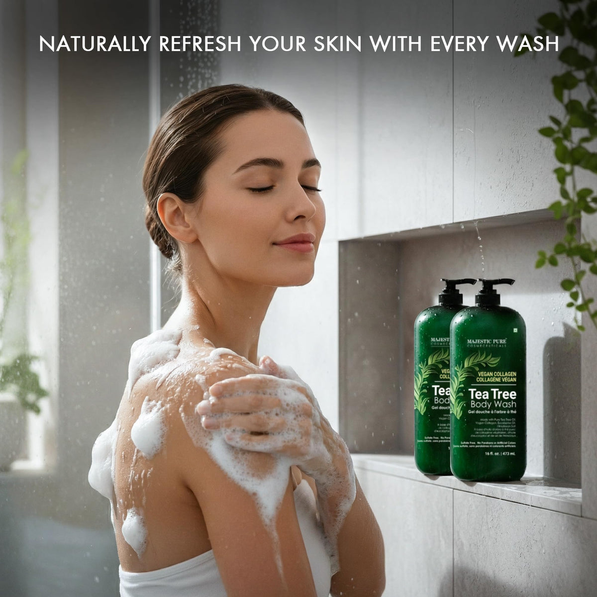 Majestic Pure bottle on bathroom shelf as everyday grooming choice
