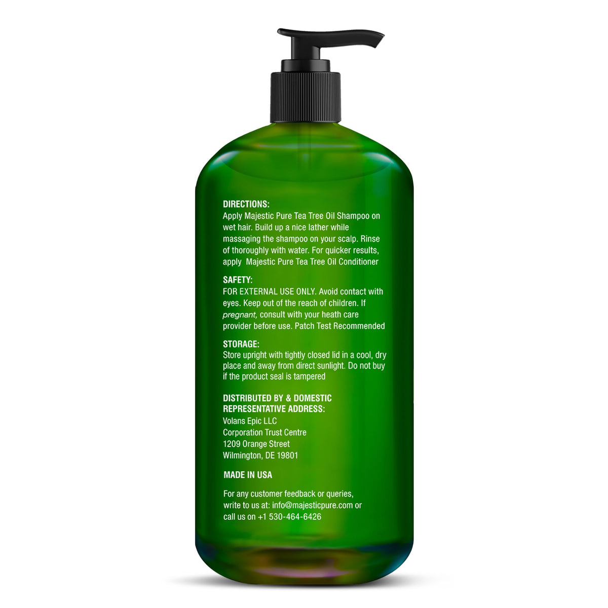 Majestic Pure label ingredients close-up showing tea tree oil transparency