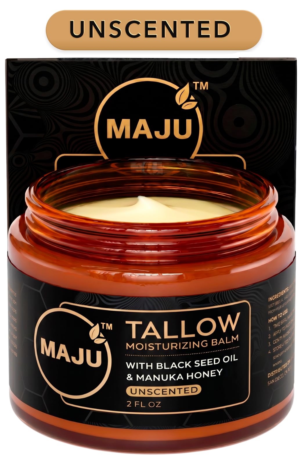 MAJU jar front label showing brand and unscented balm benefit