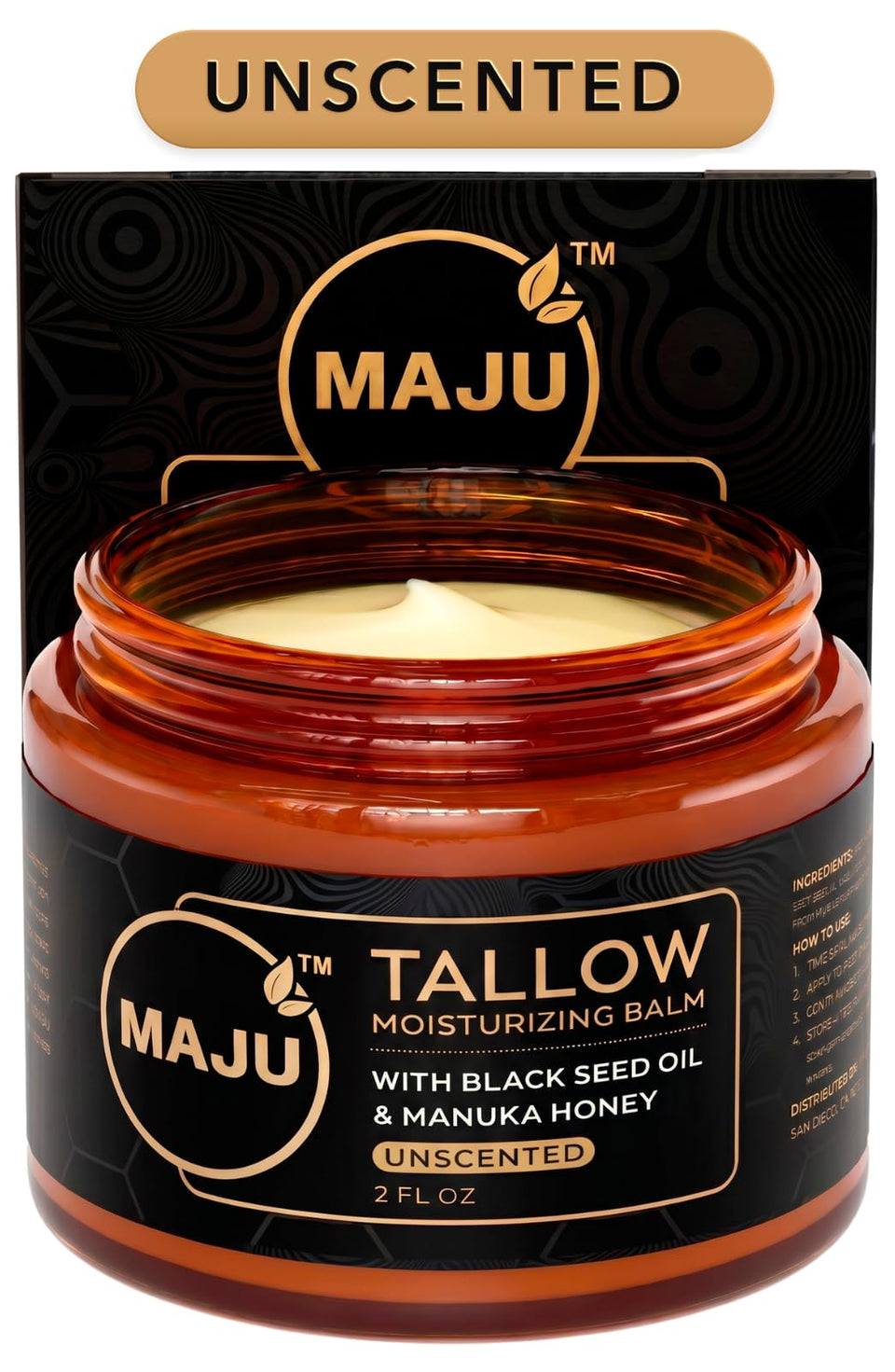 MAJU jar front label showing brand and unscented balm benefit
