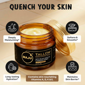 MAJU ingredients flatlay with Manuka honey and black seed oil benefits