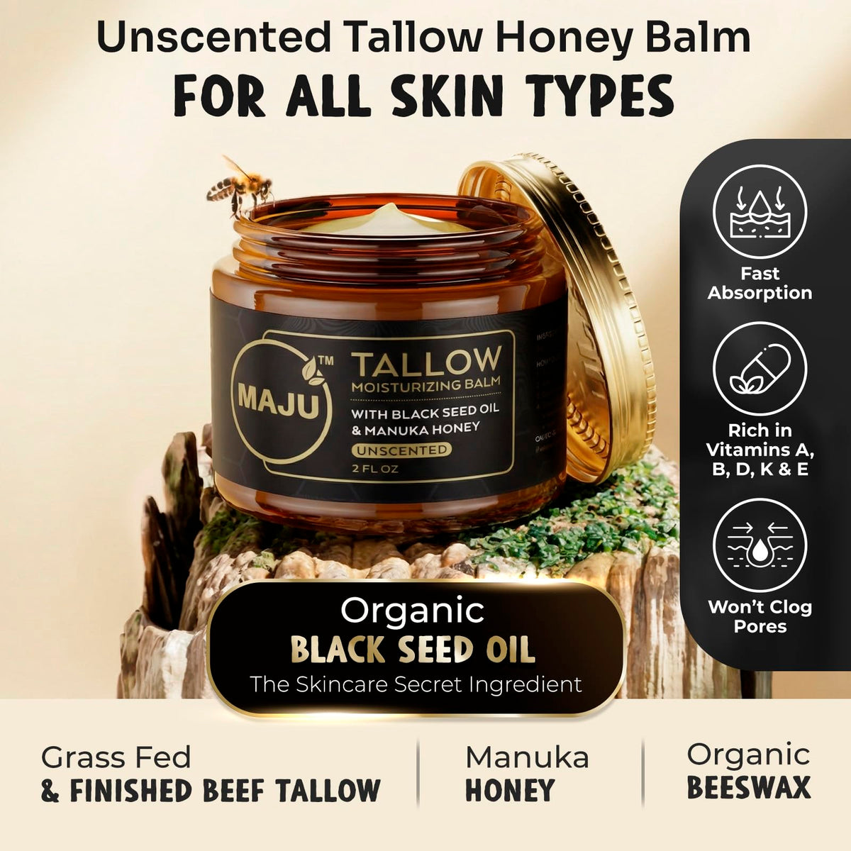 MAJU open jar displaying dense tallow texture for concentrated hydration