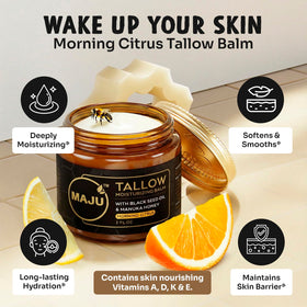MAJU ingredient flatlay with Manuka honey, black seed oil and citrus for natural benefits