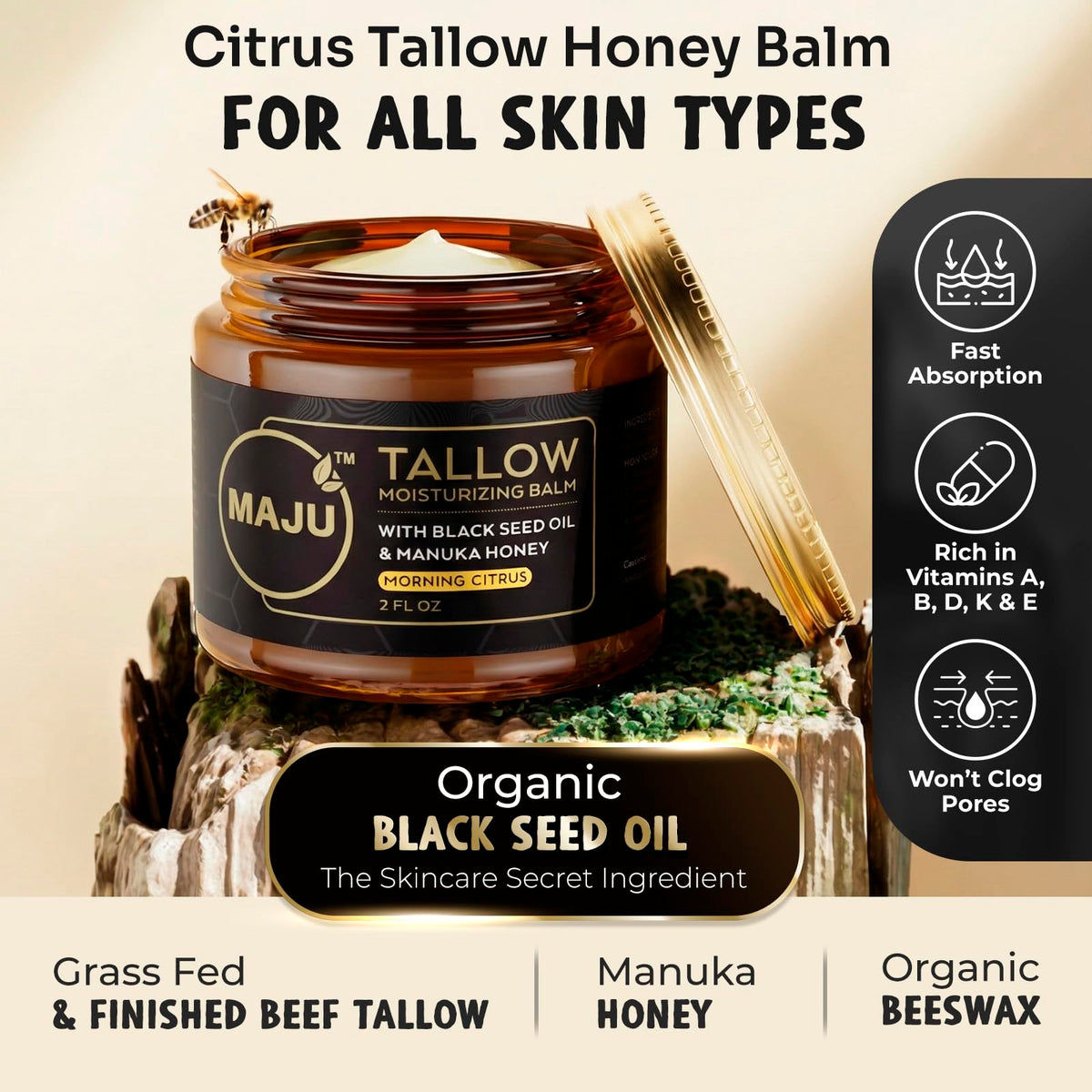 MAJU open jar displaying dense unwhipped tallow texture for concentrated hydration