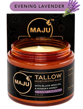 MAJU jar front view showing label and evening lavender benefit