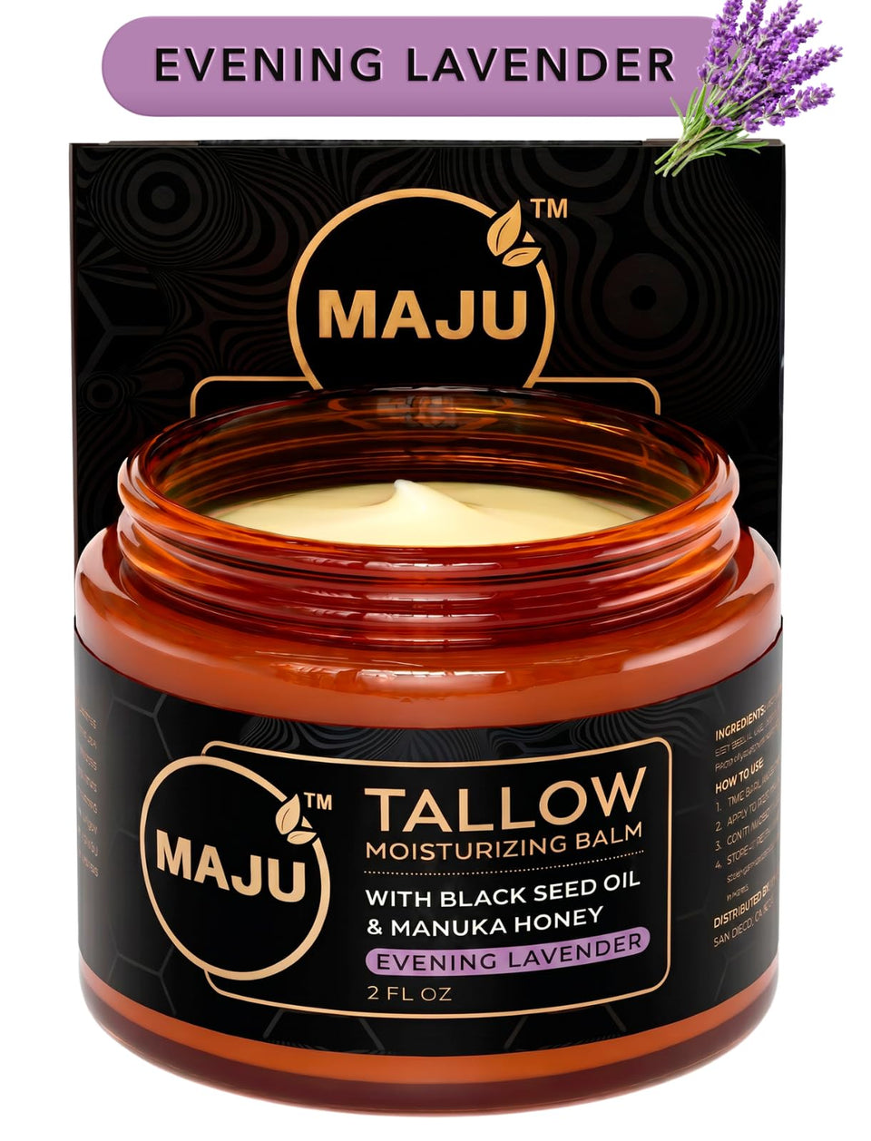 MAJU jar front view showing label and evening lavender benefit