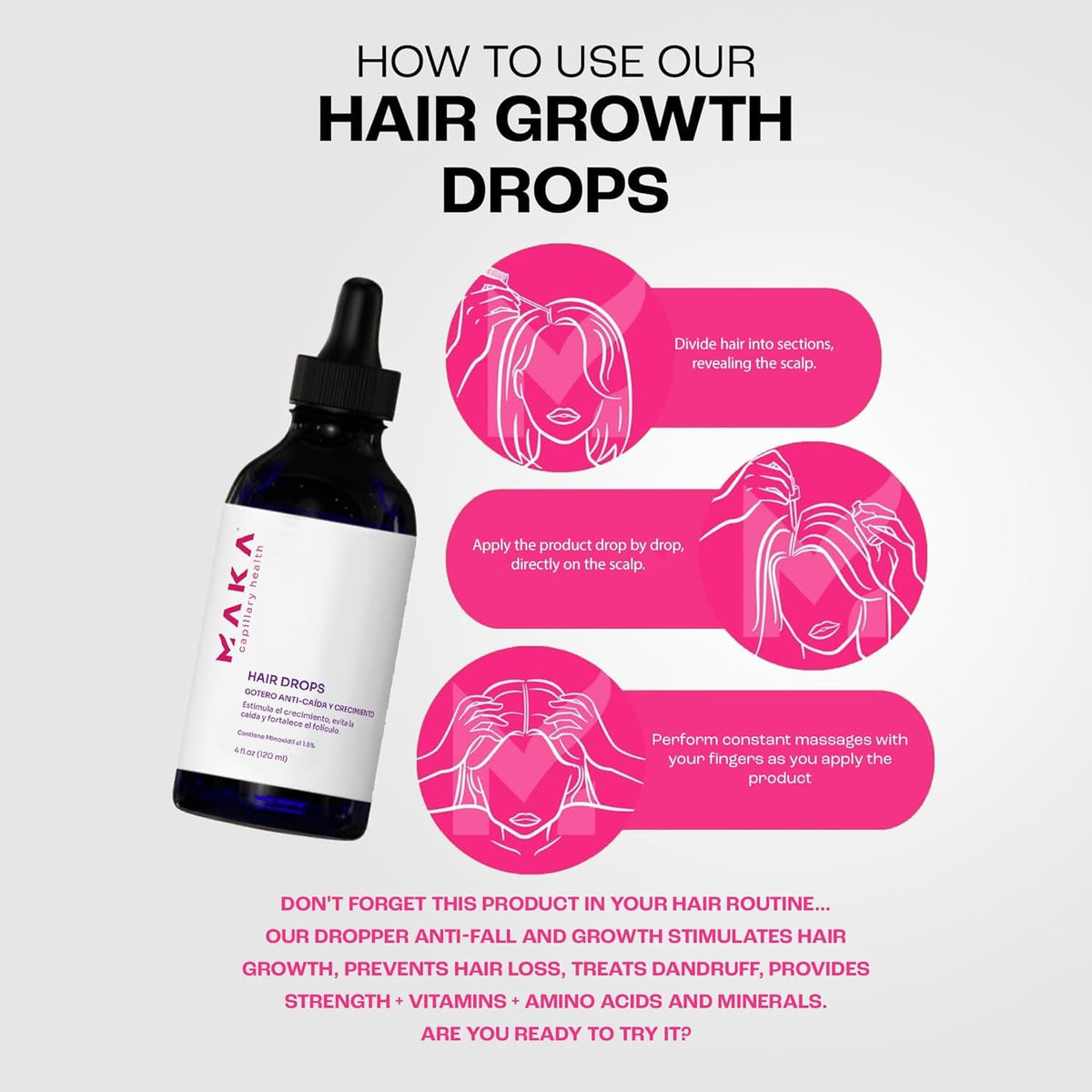Maka Capilar Health applying drops on scalp demonstrating easy use benefit