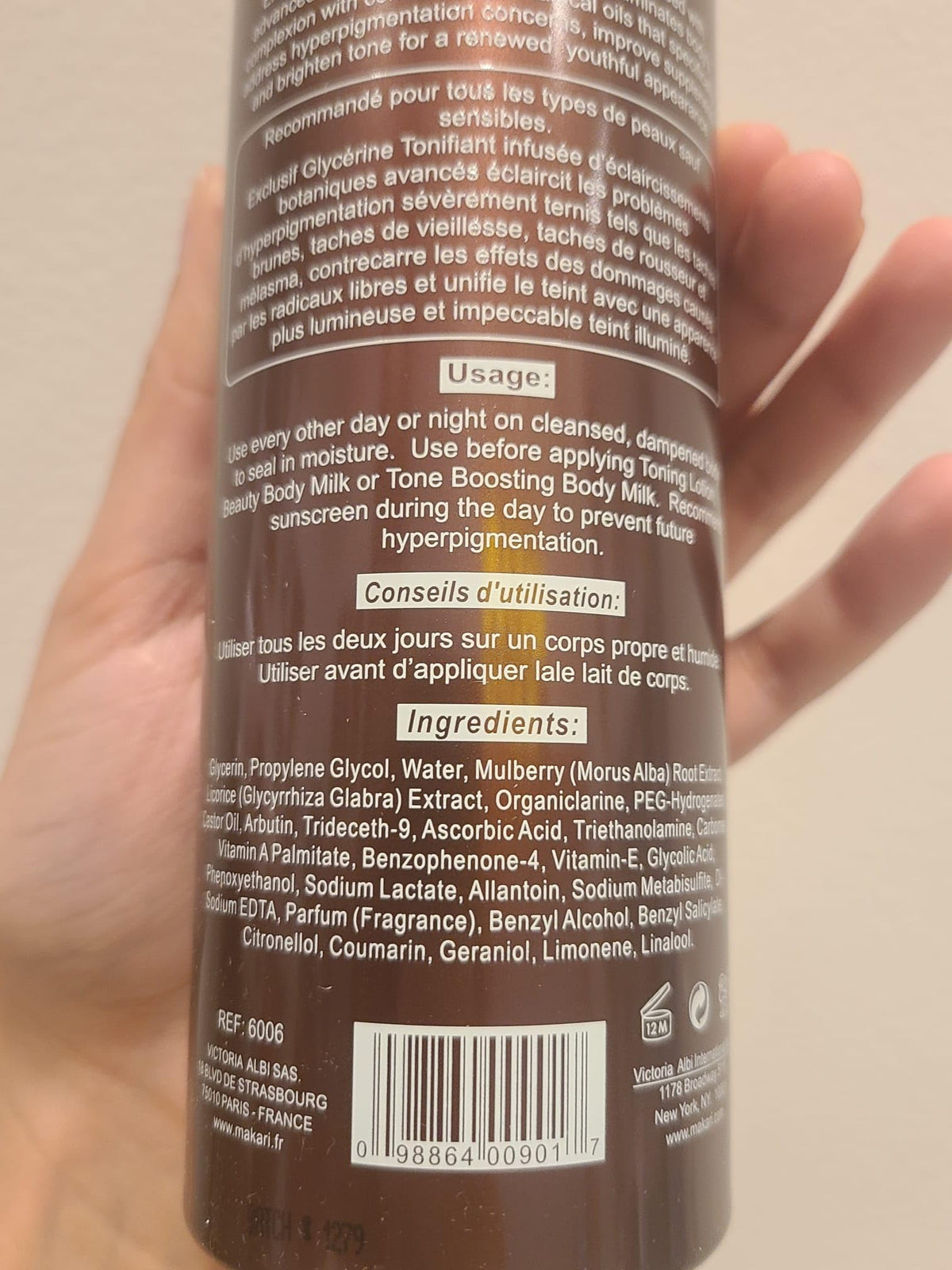 makari glycerin bottle paired with toning lotion showing layered routine benefit