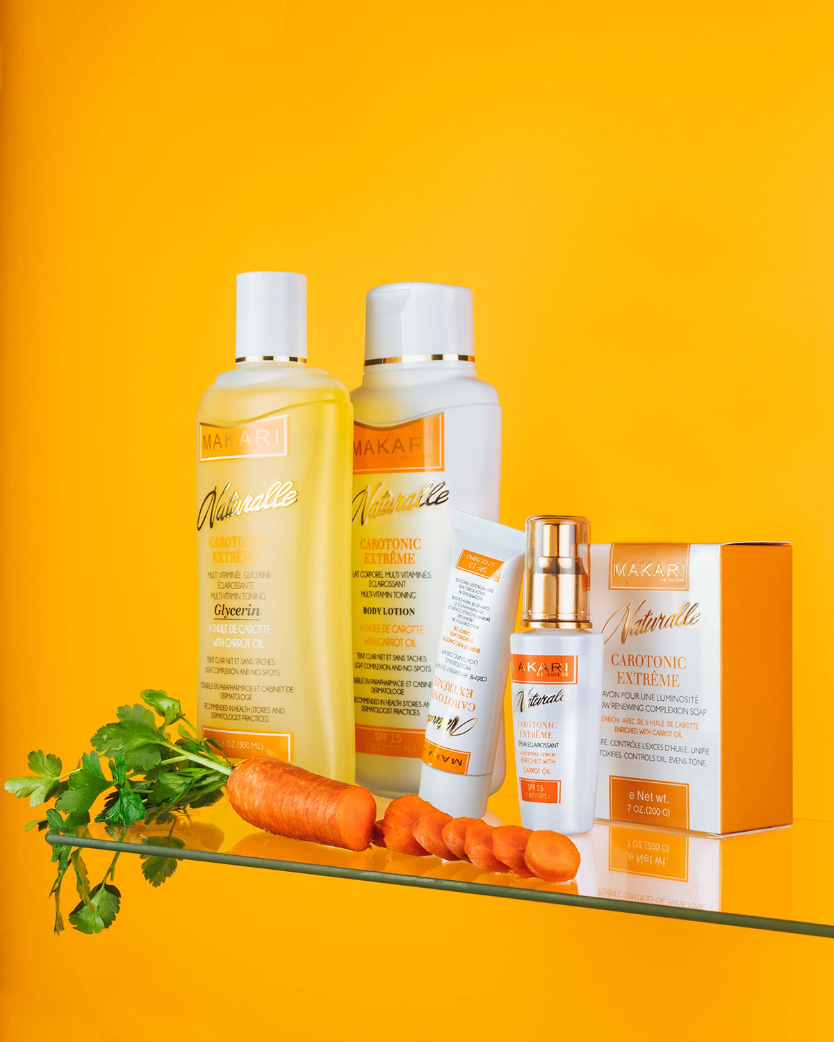 MAKARI bottle beside plants showcasing natural botanical formula