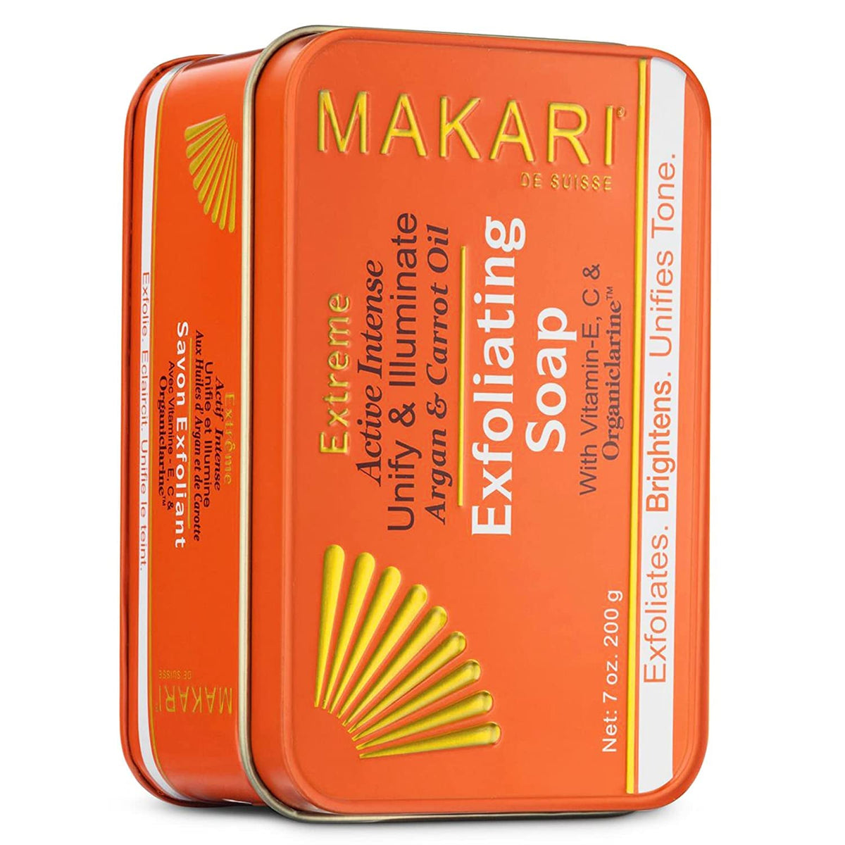 MAKARI exfoliating soap front packaging showing product benefits and branding