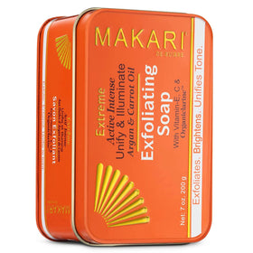 MAKARI exfoliating soap front packaging showing product benefits and branding