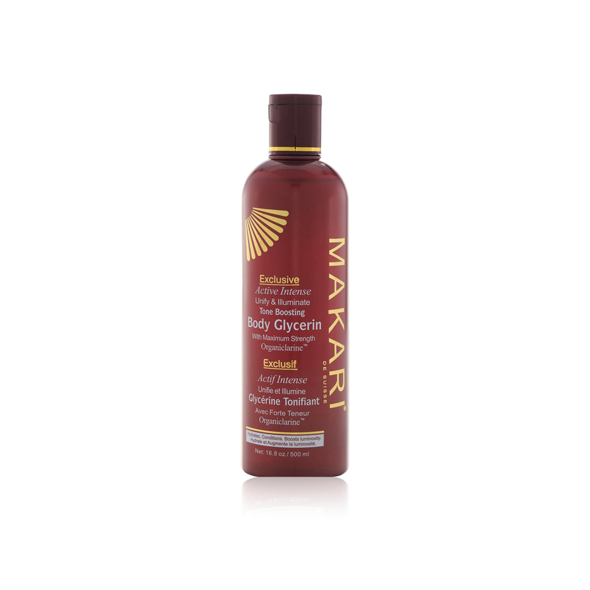 makari front bottle of body glycerin showing packaging and hydration benefit