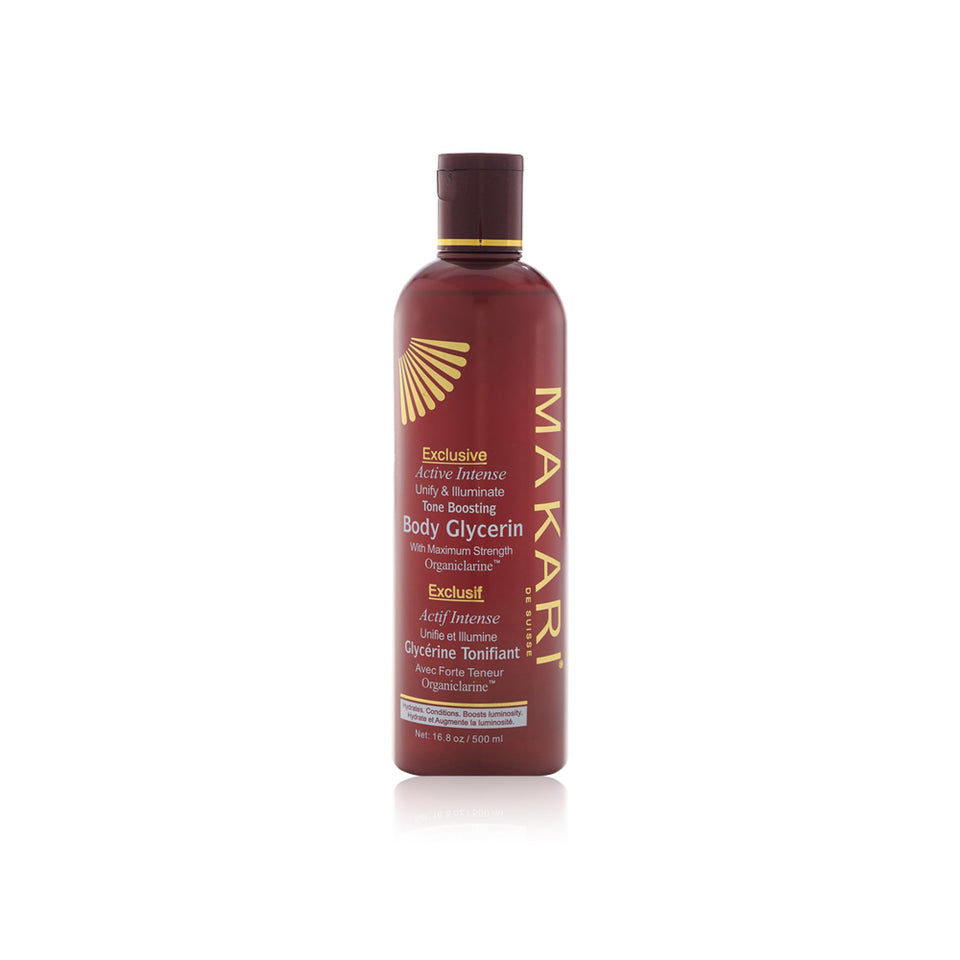 makari front bottle of body glycerin showing packaging and hydration benefit