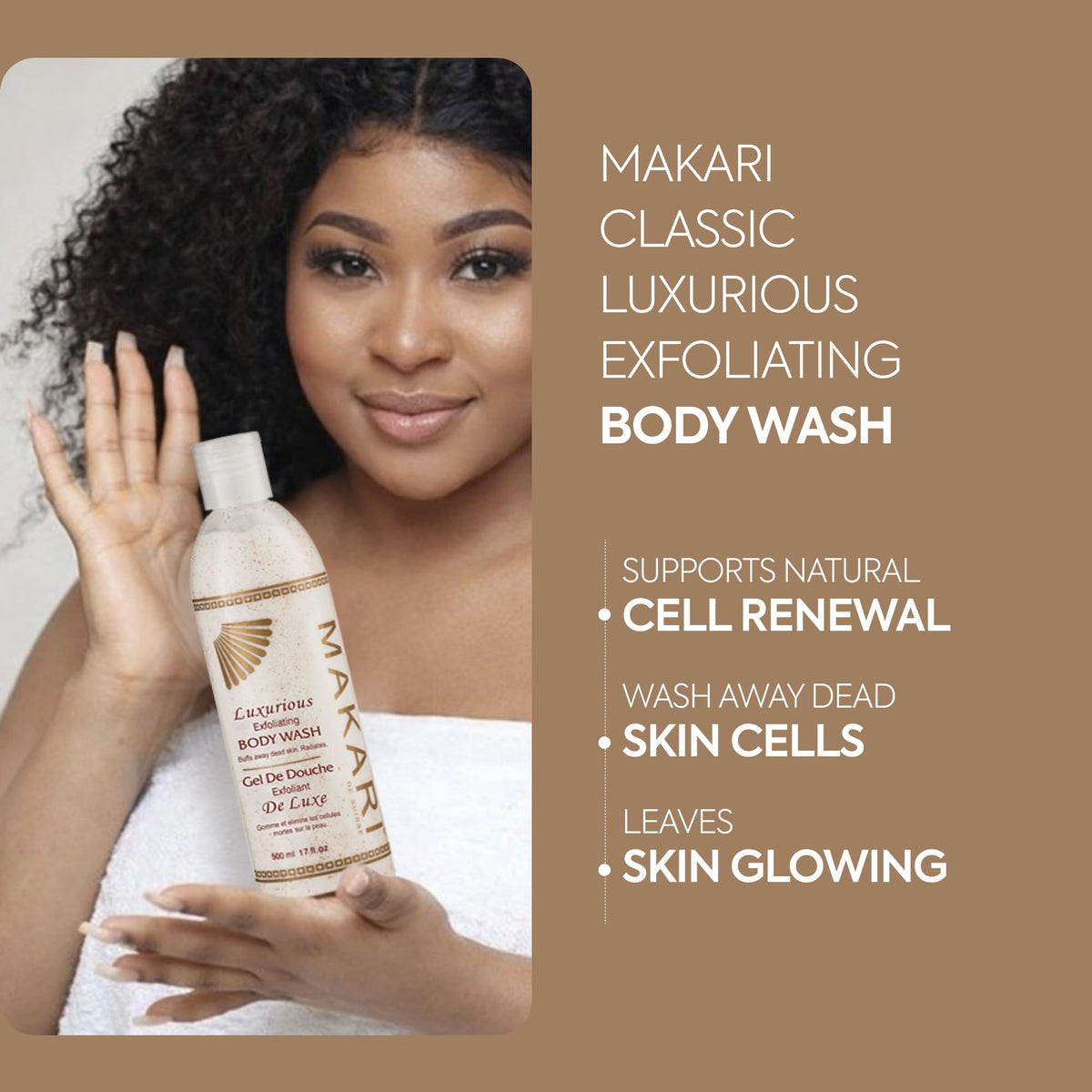Makari label closeup highlighting key ingredients and product benefits