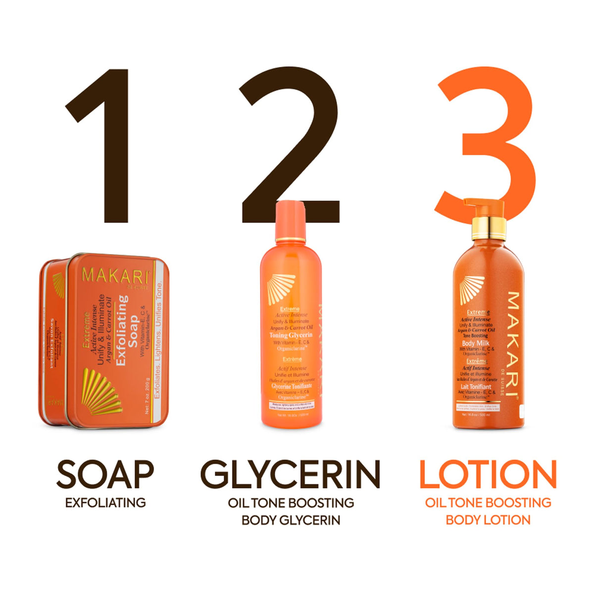 MAKARI bottle on bathroom shelf staged for lifestyle appeal and routine integration