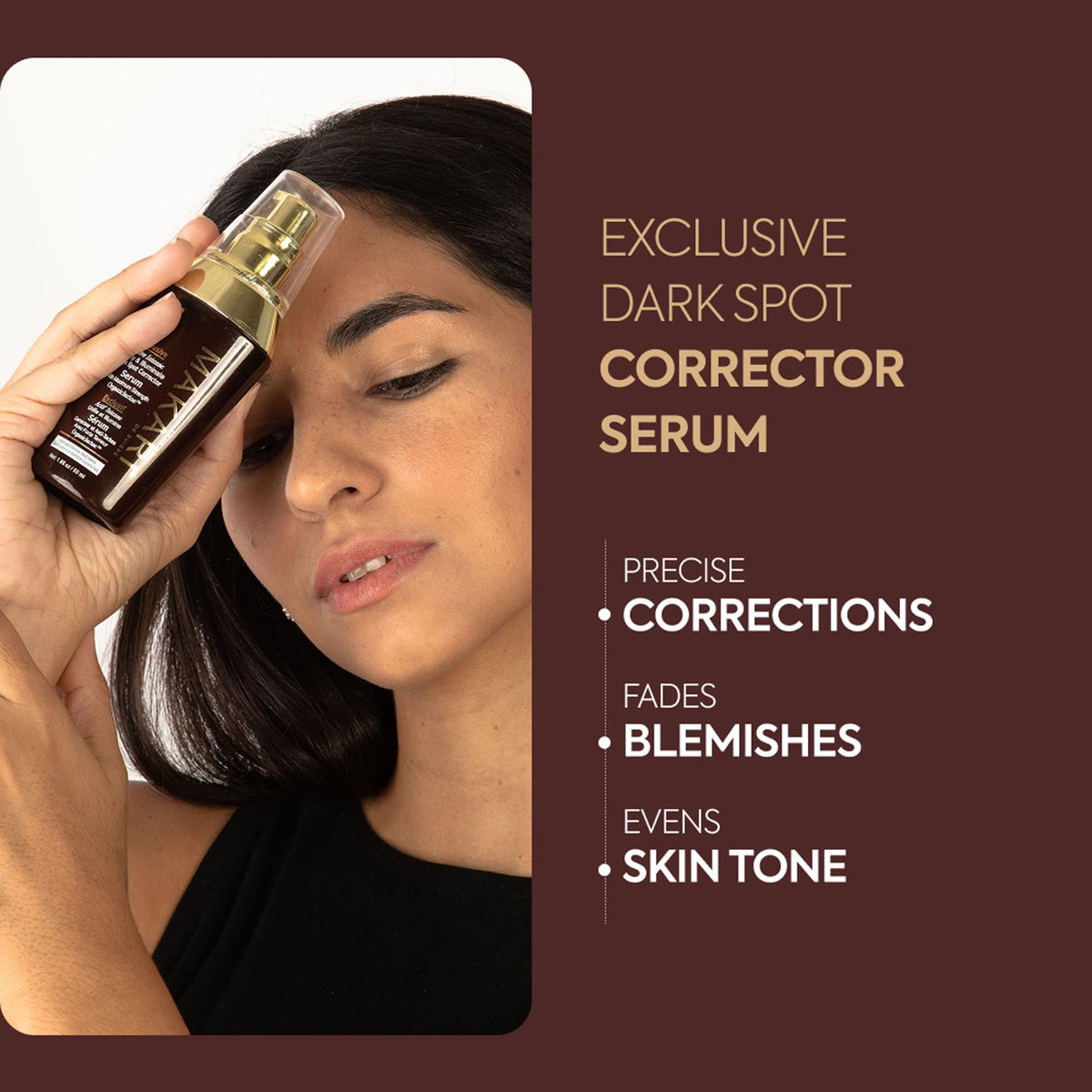 Makari bottle with open cap dispensing serum for precise application