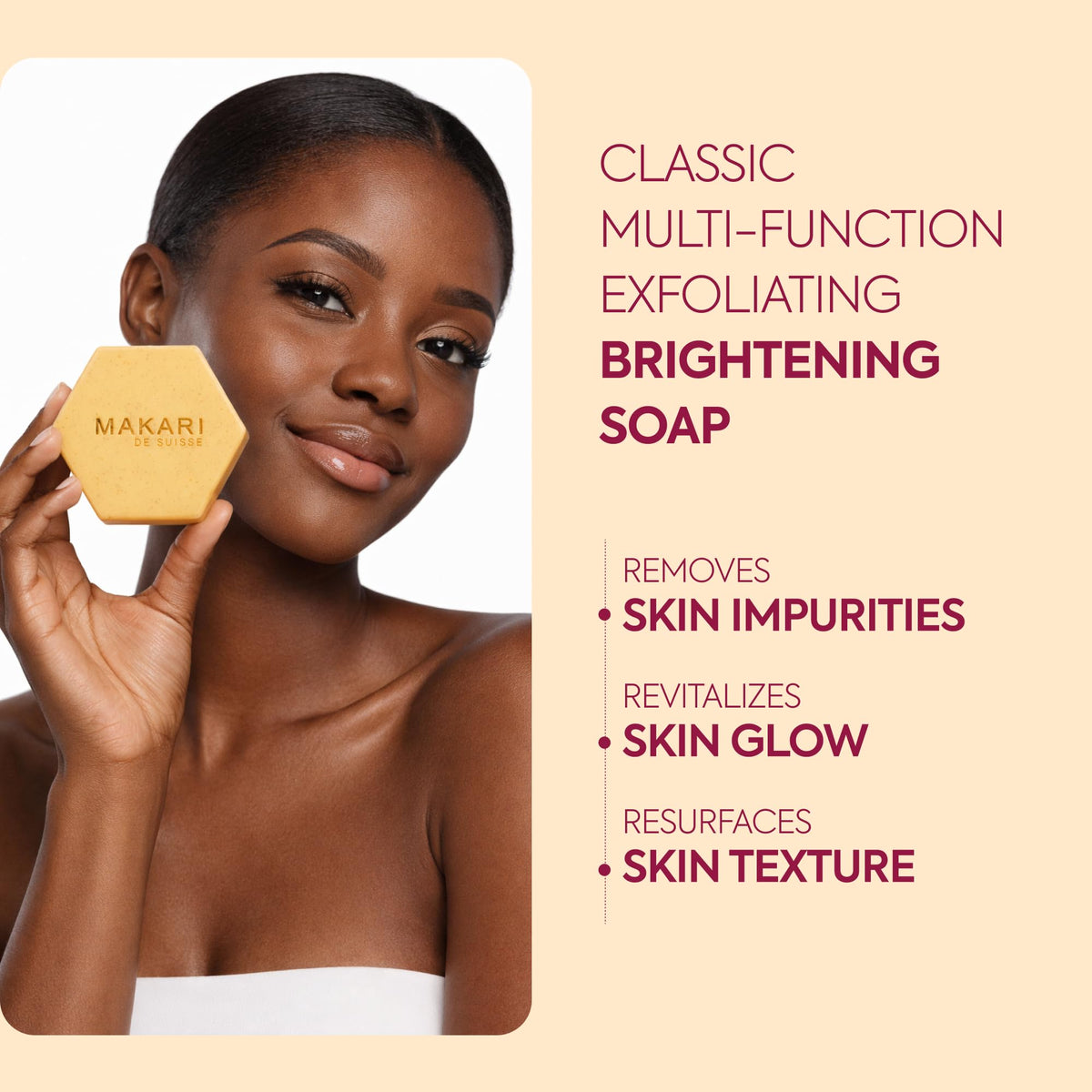 MAKARI soap side profile highlighting gentle exfoliating texture and smooth finish
