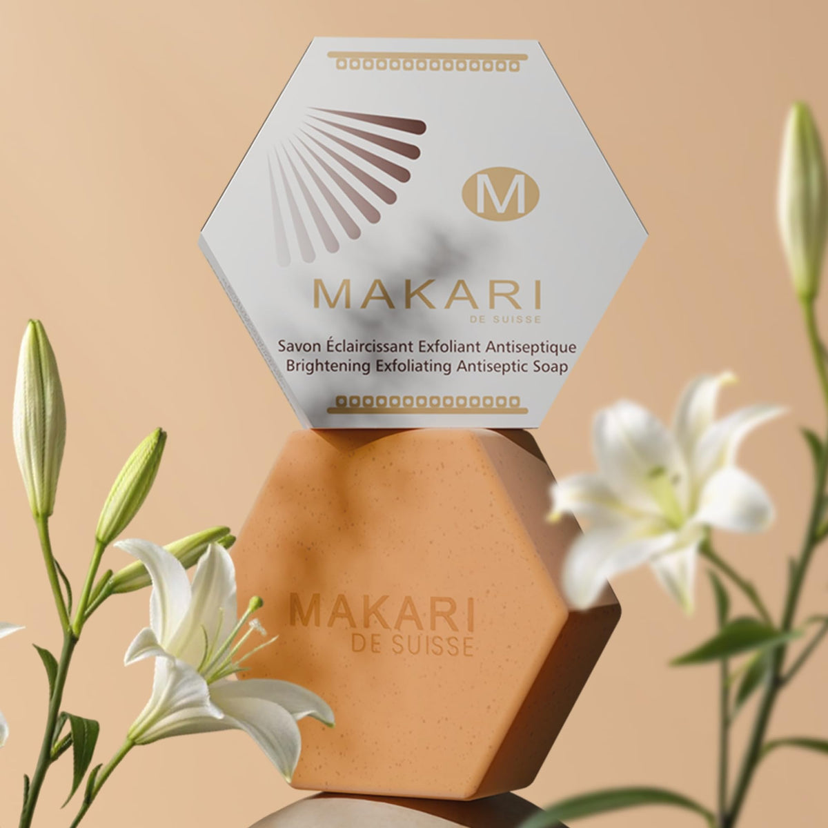 MAKARI soap placed on bathroom counter conveying daily routine convenience