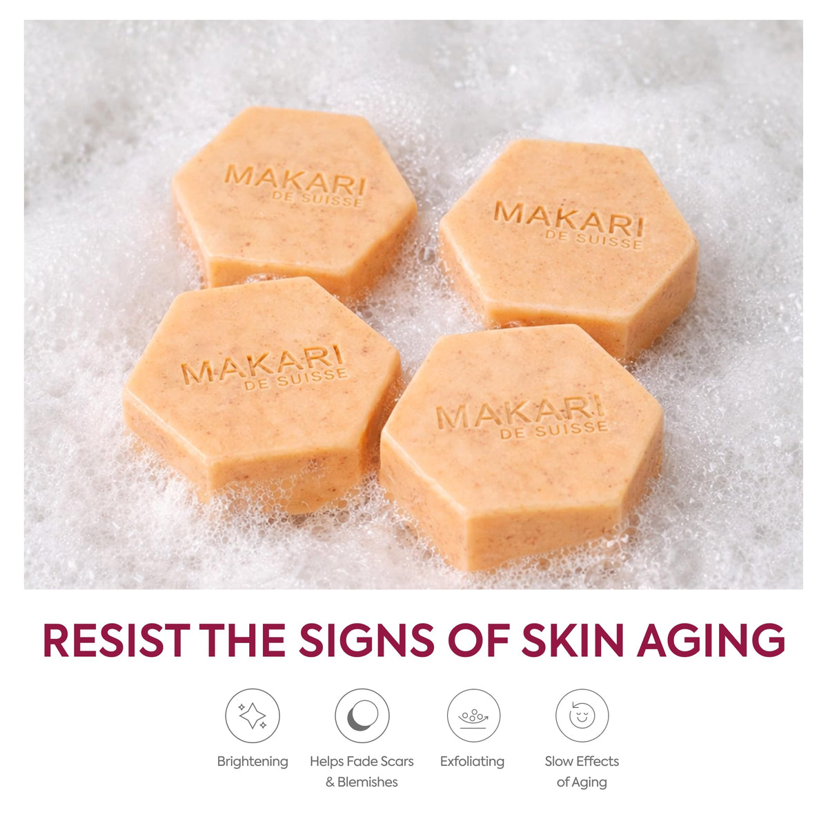 MAKARI soap lathered into foam to show cleansing power and soft feel