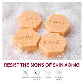 MAKARI soap lathered into foam to show cleansing power and soft feel