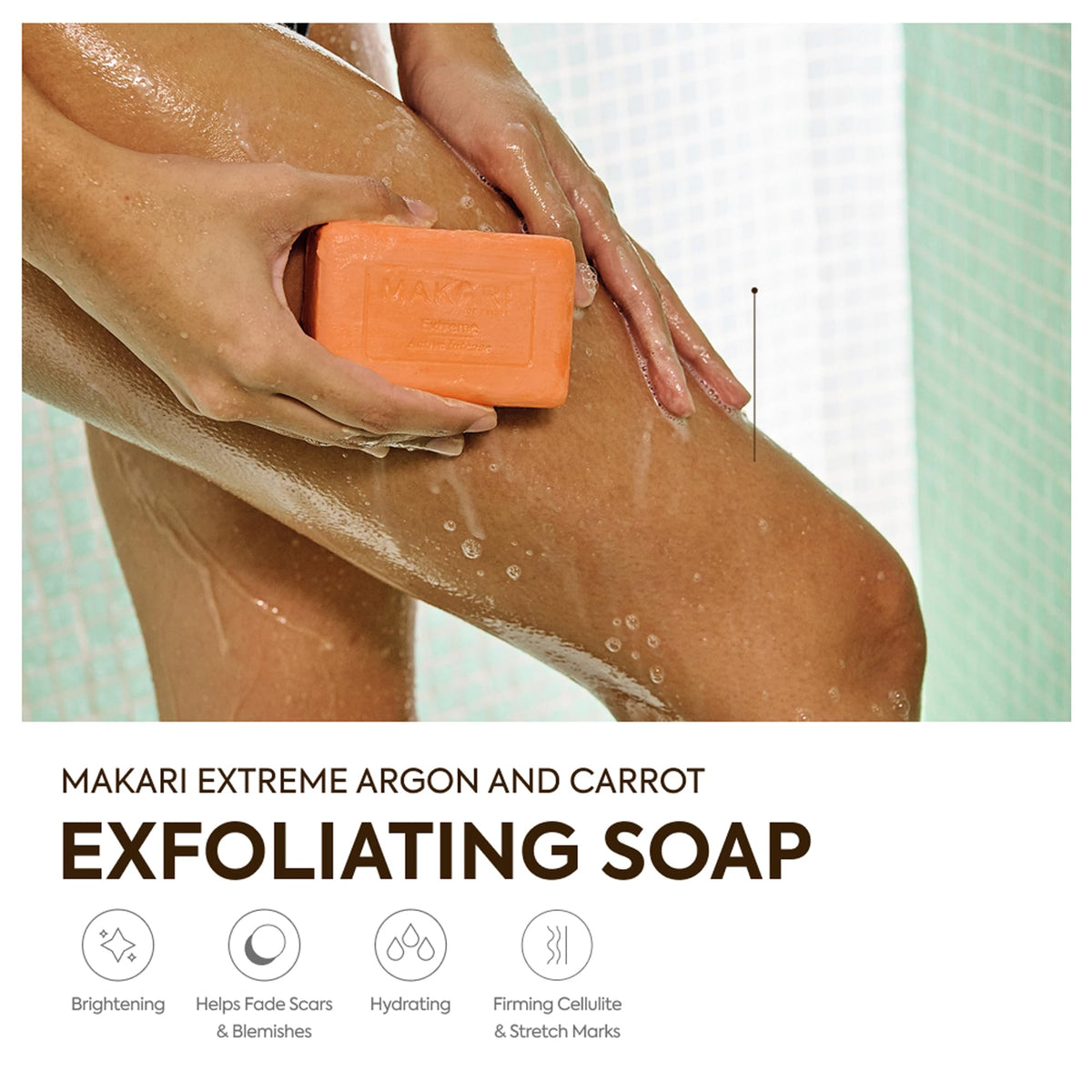 MAKARI close-up of soap texture revealing exfoliating apricot particles for smoothing