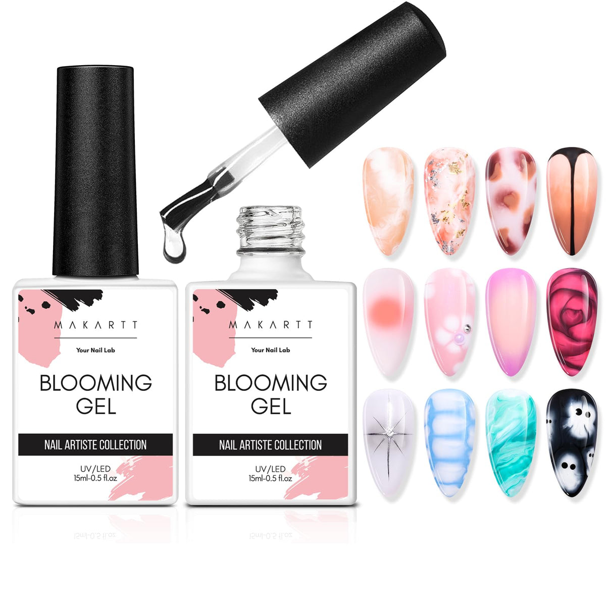 Makartt front packaging showing two blooming gel bottles and kit benefit