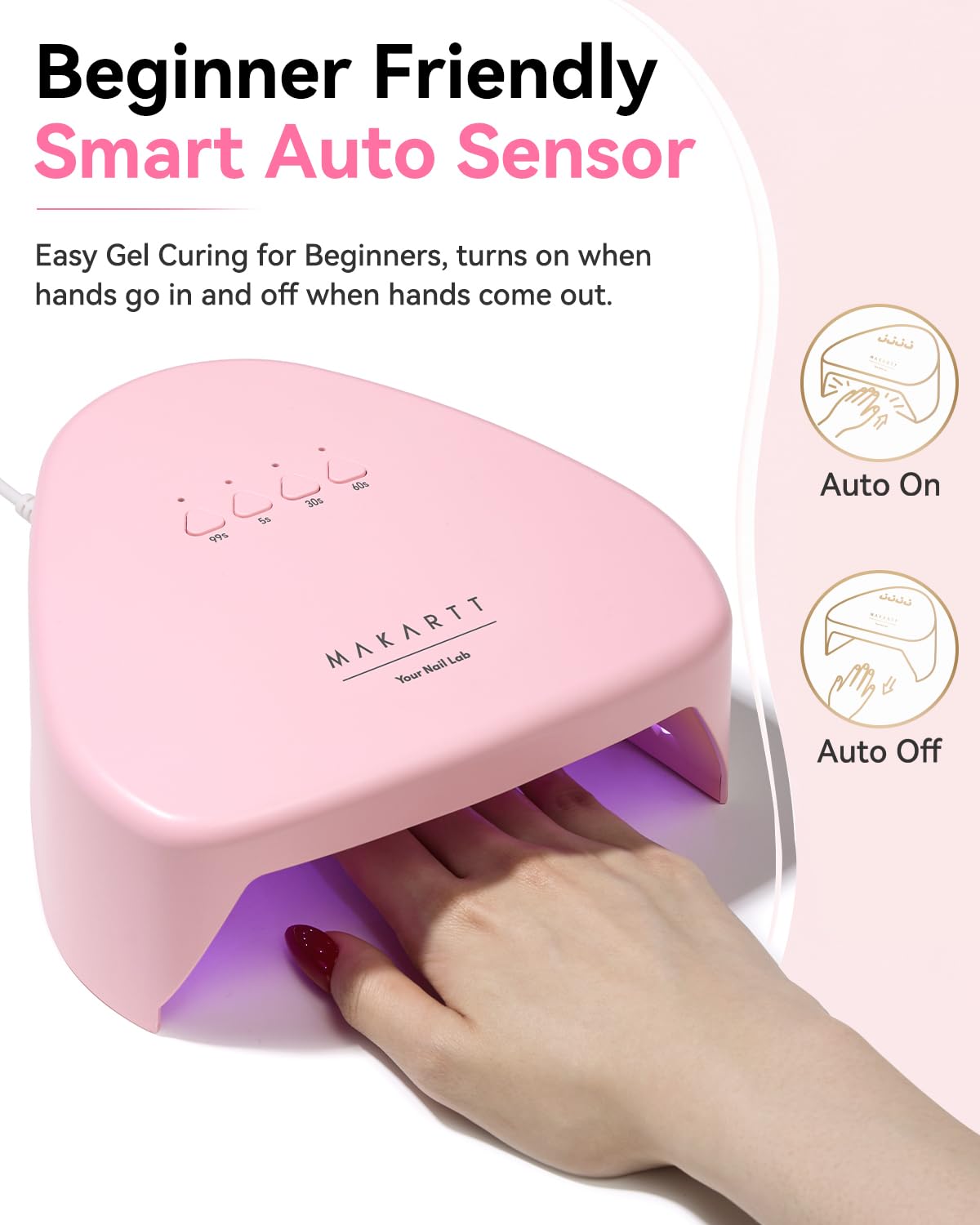 Makartt lamp beside a hand to show compact scale and travel-friendly size