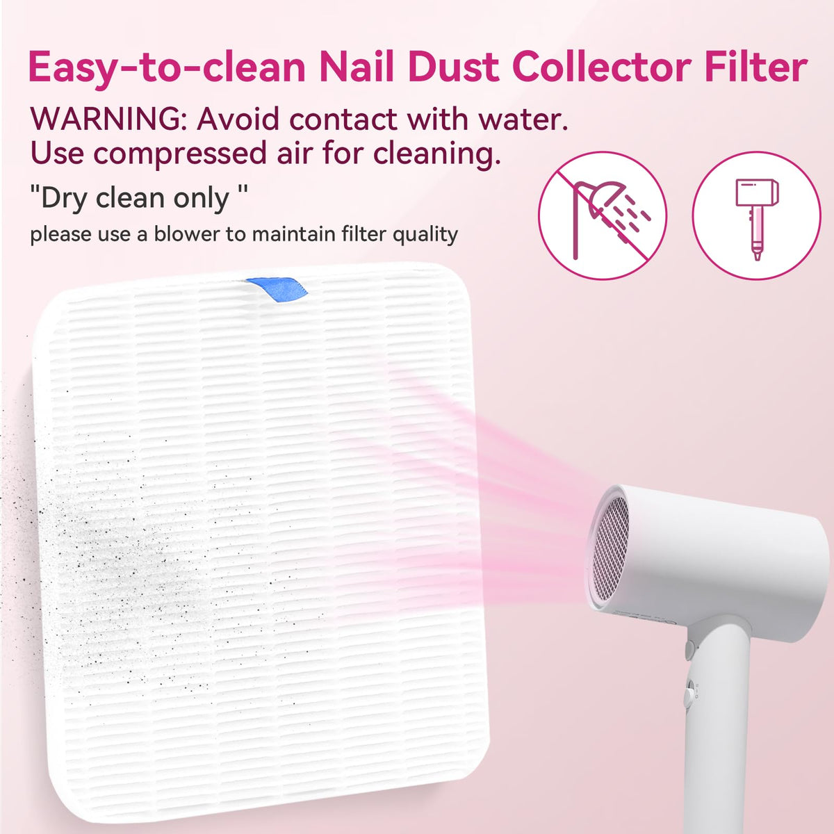 Makartt filter being dried with hair dryer showing easy cleaning