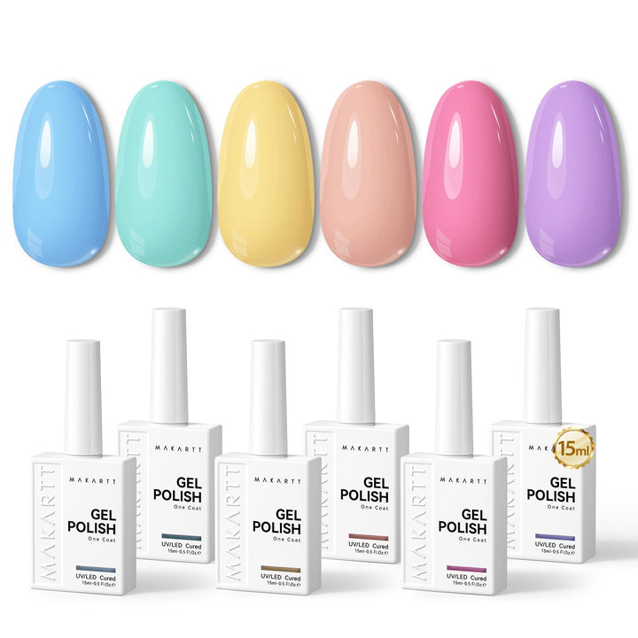 Makartt front packaging showing six pastel gel bottles and benefits