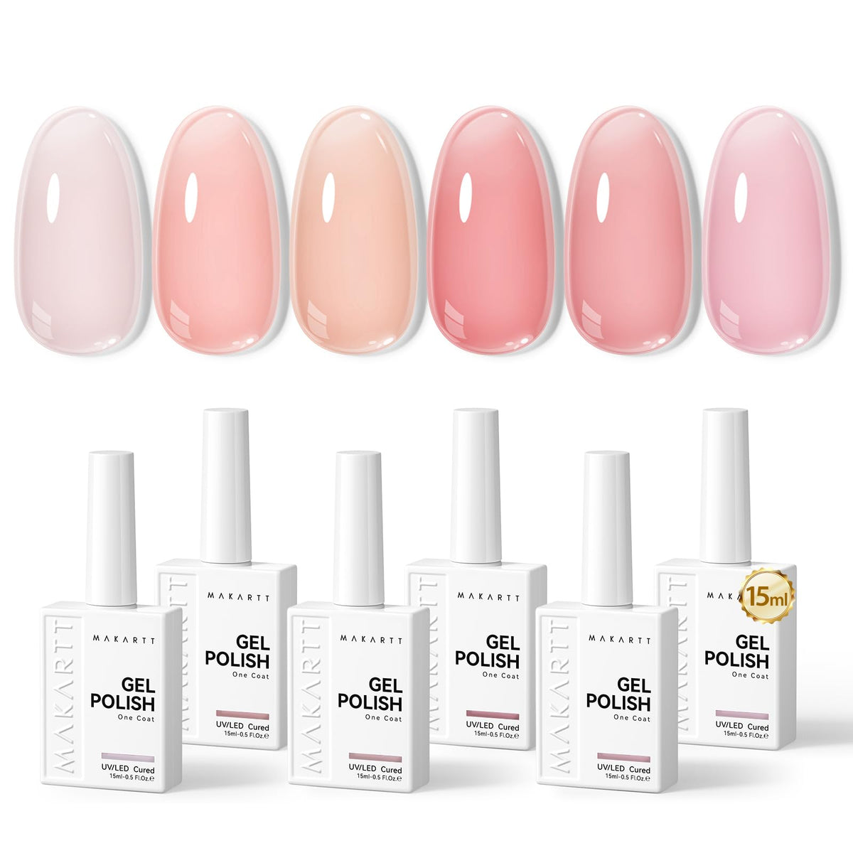 Makartt front view of six bottles showing neutral pink shades and benefits