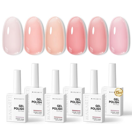 Makartt front view of six bottles showing neutral pink shades and benefits