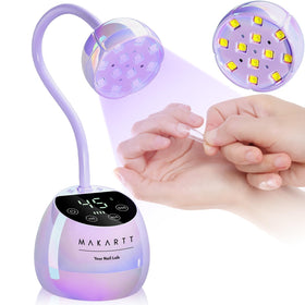 Makartt front view of glazed purple lamp showing compact curing surface and portability