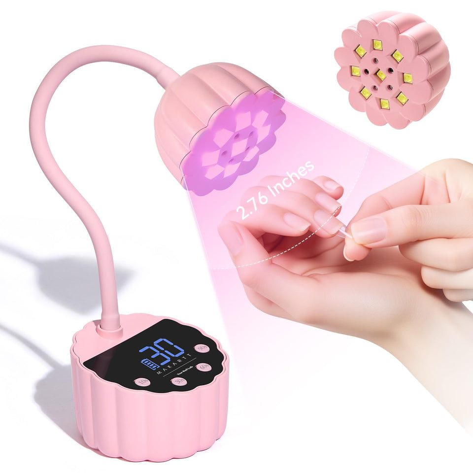 Makartt front view pink gooseneck lamp showing compact design and portability benefit