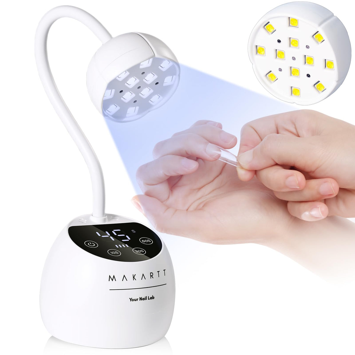 Makartt front view of white gooseneck lamp showing ergonomic shape and portability