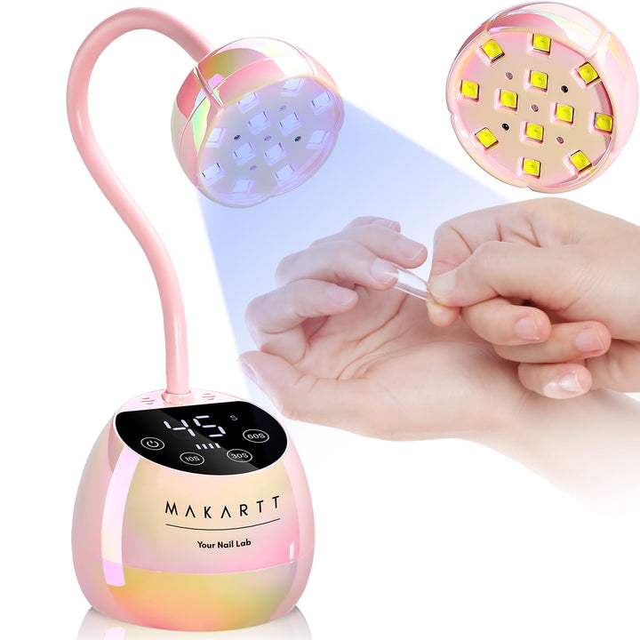 Makartt front view of glazed pink lamp showing compact, stylish design and easy placement