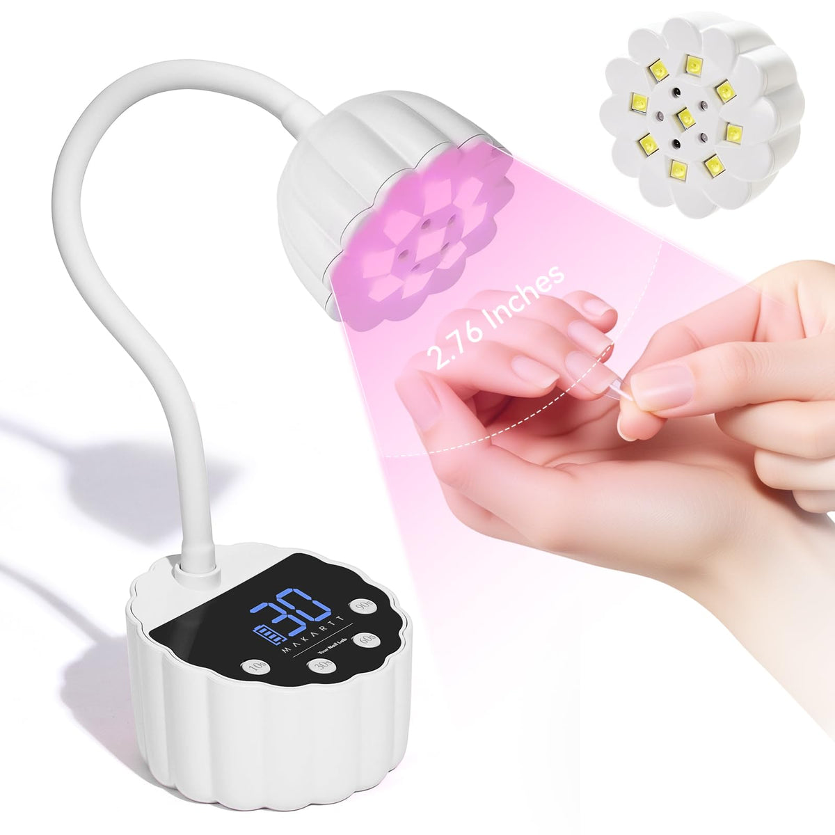 Makartt front view showing compact white gooseneck lamp for precise curing