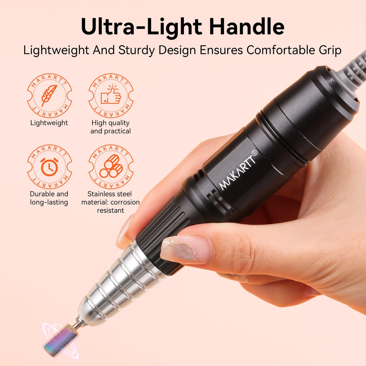 makartt handpiece in use in salon illustrating efficient polish removal