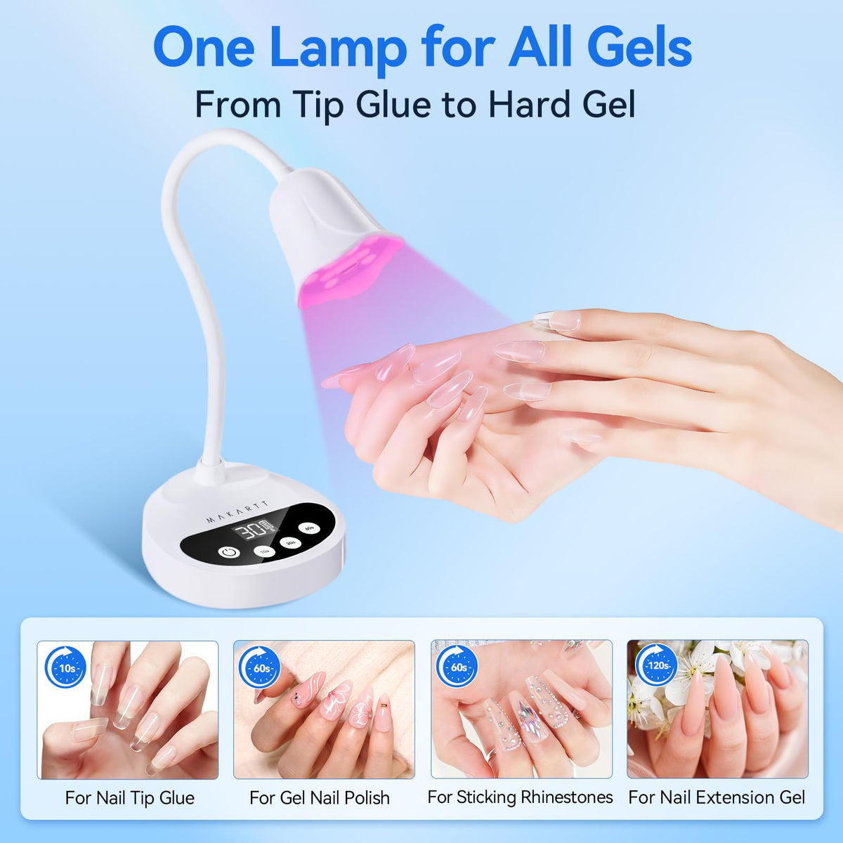 Makartt lamp curing press-on nails in use for quick, even setting during application