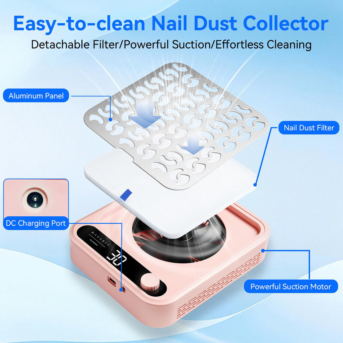 Makartt Larina side vent detail illustrating low-noise exhaust that preserves salon comfort