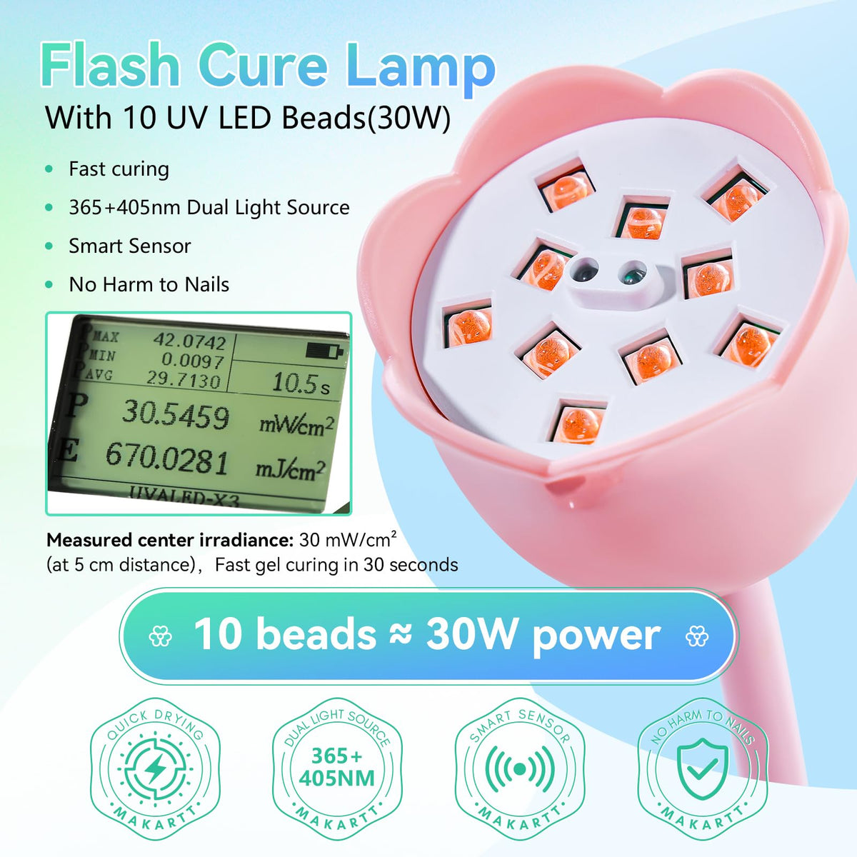Makartt Luminoza LCD display showing timer and battery level for controlled curing sessions