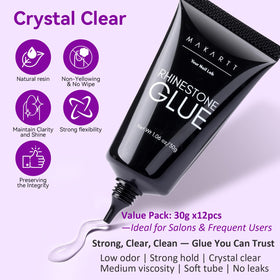 Makartt glide of glue as technician applies gem in salon setting benefit